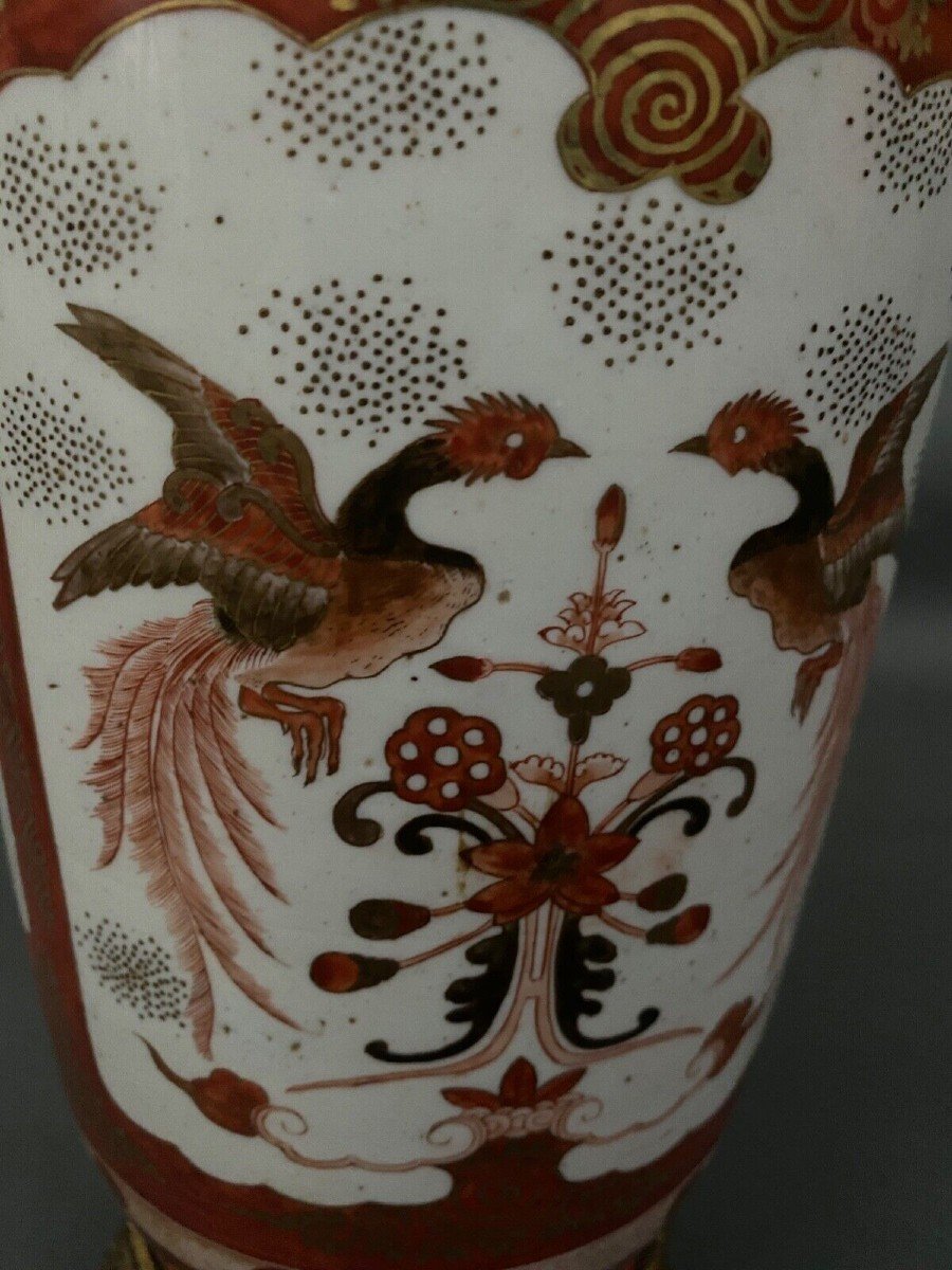Pied de lampe en porcelaine Japon XIXe ornementé de bronze et d'oiseaux-photo-7