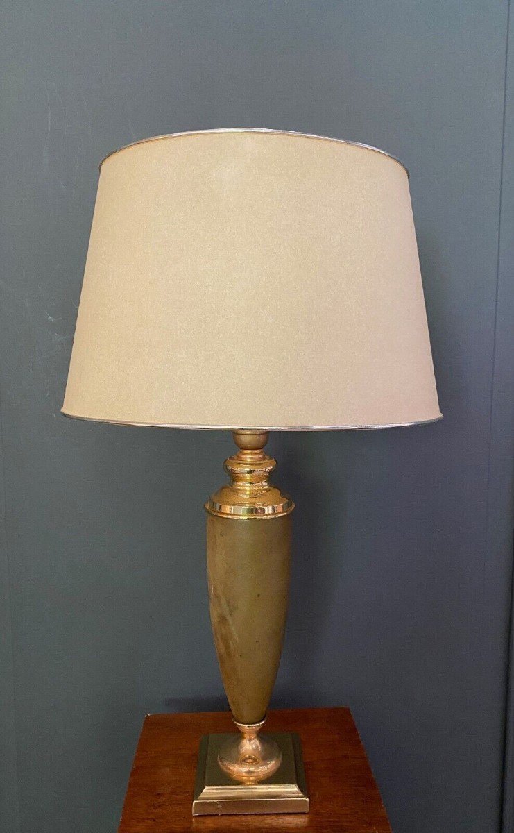 Leather And Gold Metal Lamp From Le Dauphin 1970-photo-2