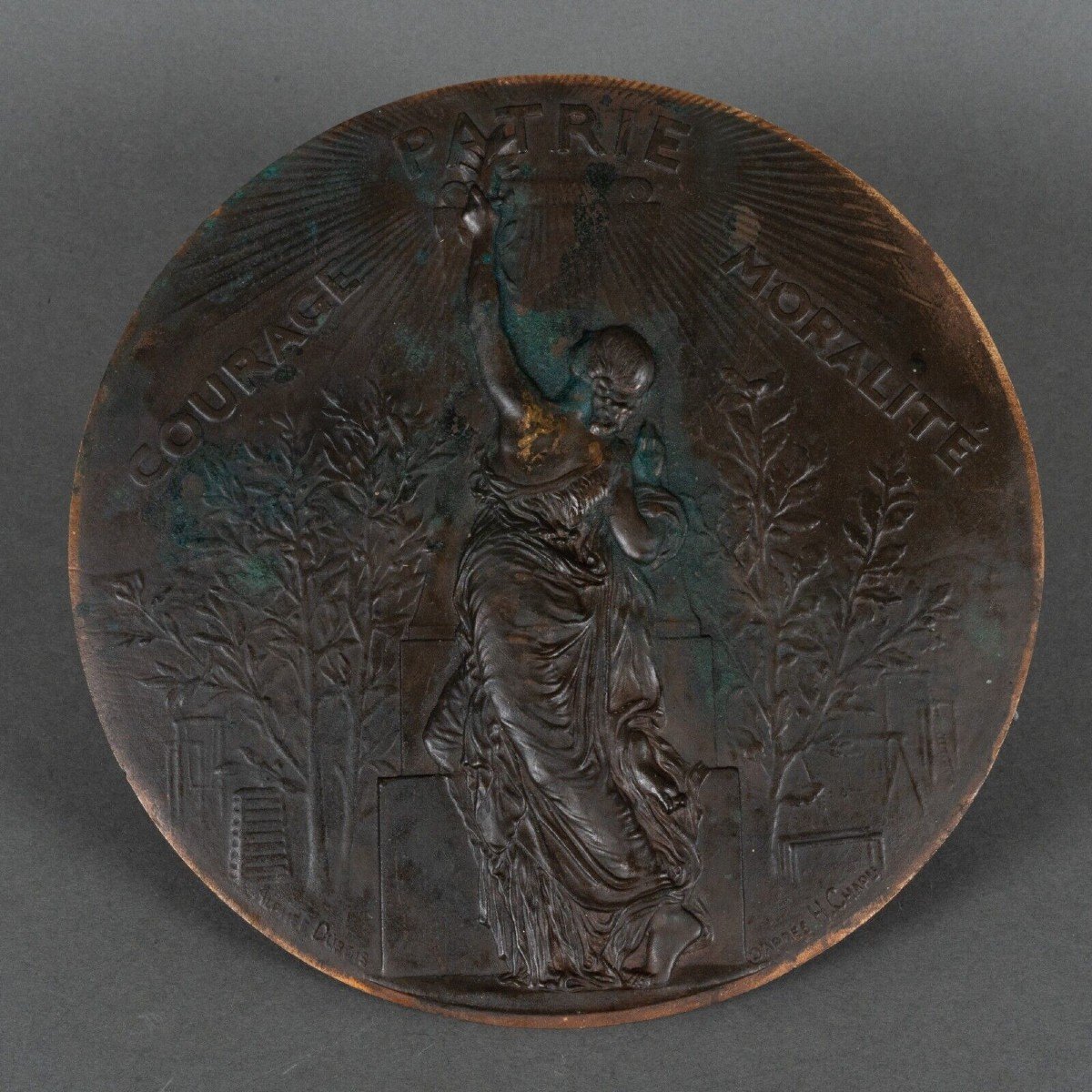 Bronze Medallion Courage Fatherland Morality Alphée Dubois After H. Chapu