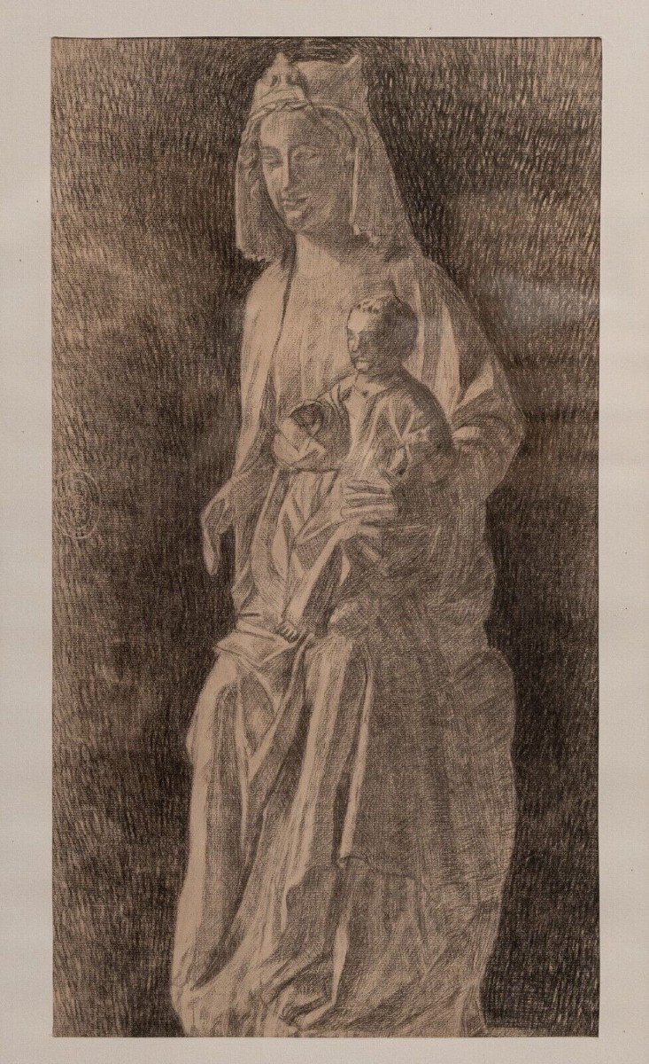 Dessin fusain statue de Vierge à l'Enfant Beaux-Arts début XXe-photo-2