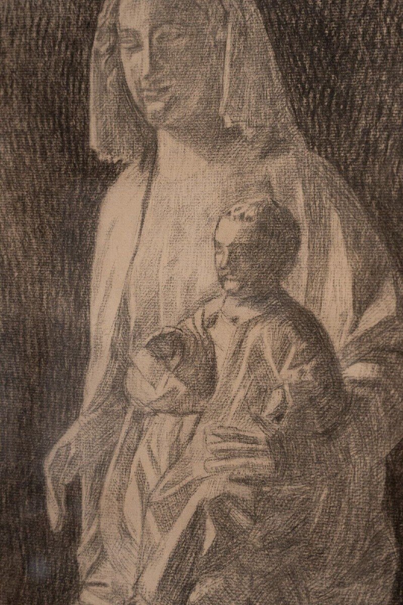 Dessin fusain statue de Vierge à l'Enfant Beaux-Arts début XXe-photo-3