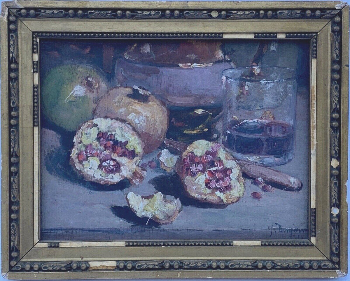 Oil On Panel By J. Denjerma Still Life With Fruits Double View-photo-2