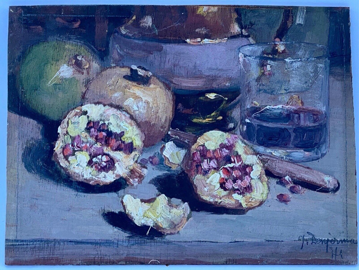 Oil On Panel By J. Denjerma Still Life With Fruits Double View-photo-5