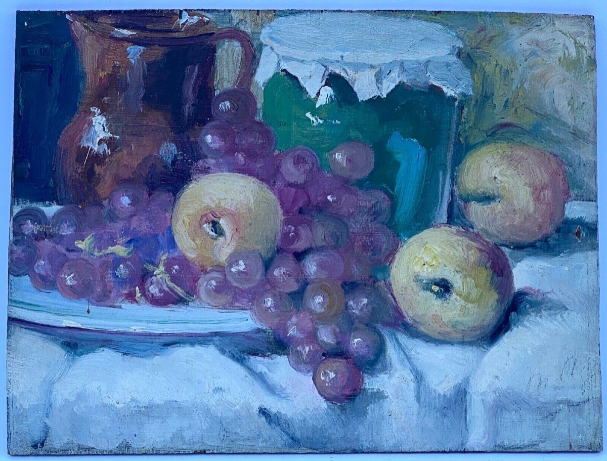 Oil On Panel By J. Denjerma Still Life With Fruits Double View-photo-6