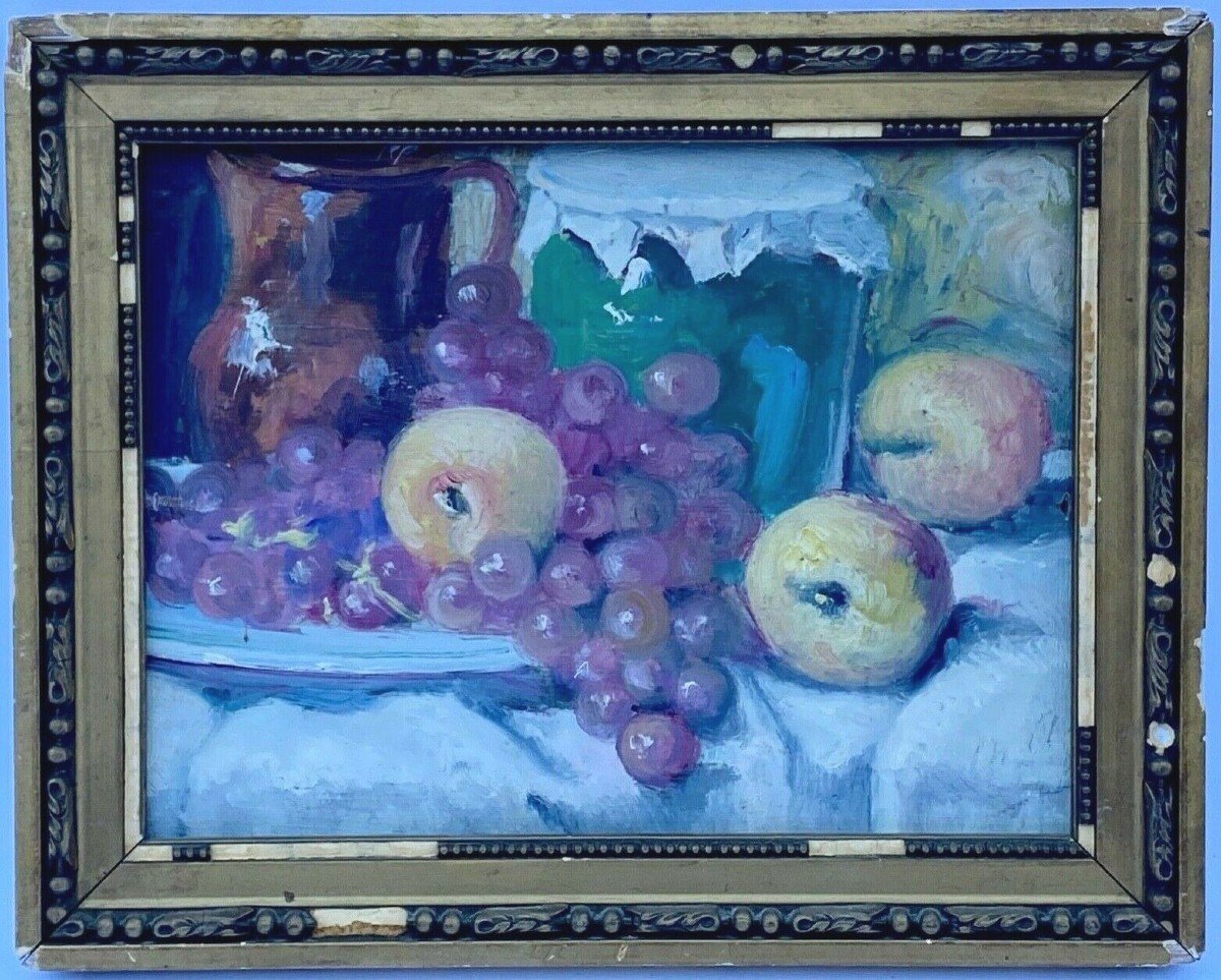 Oil On Panel By J. Denjerma Still Life With Fruits Double View