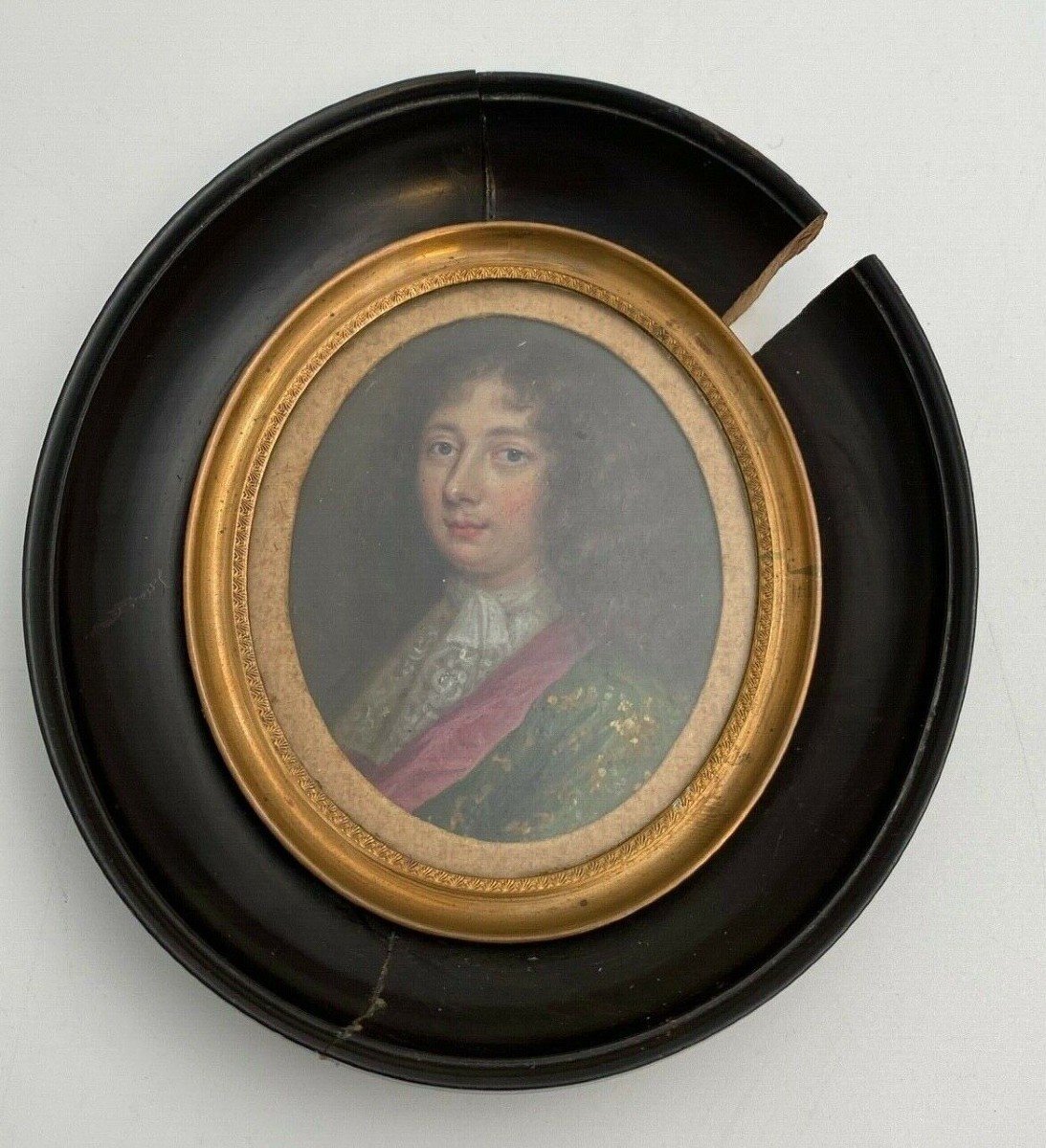 Noble Hand Painted Miniature From The 17th Or 18th Century, Blackened Pear Wood Frame-photo-3