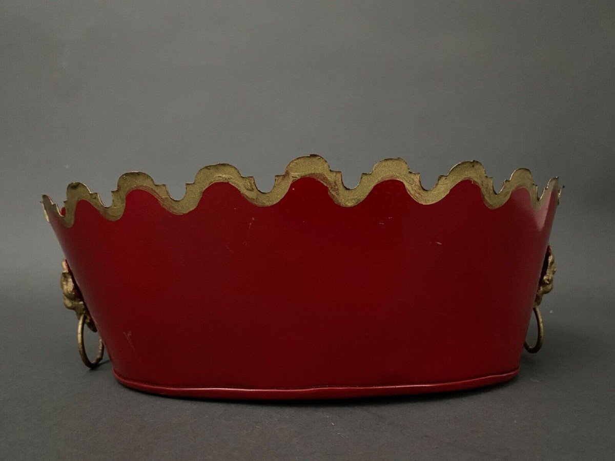 19th Century Sheet Metal Cooler With Red Background With Gilding And Lion Heads-photo-2