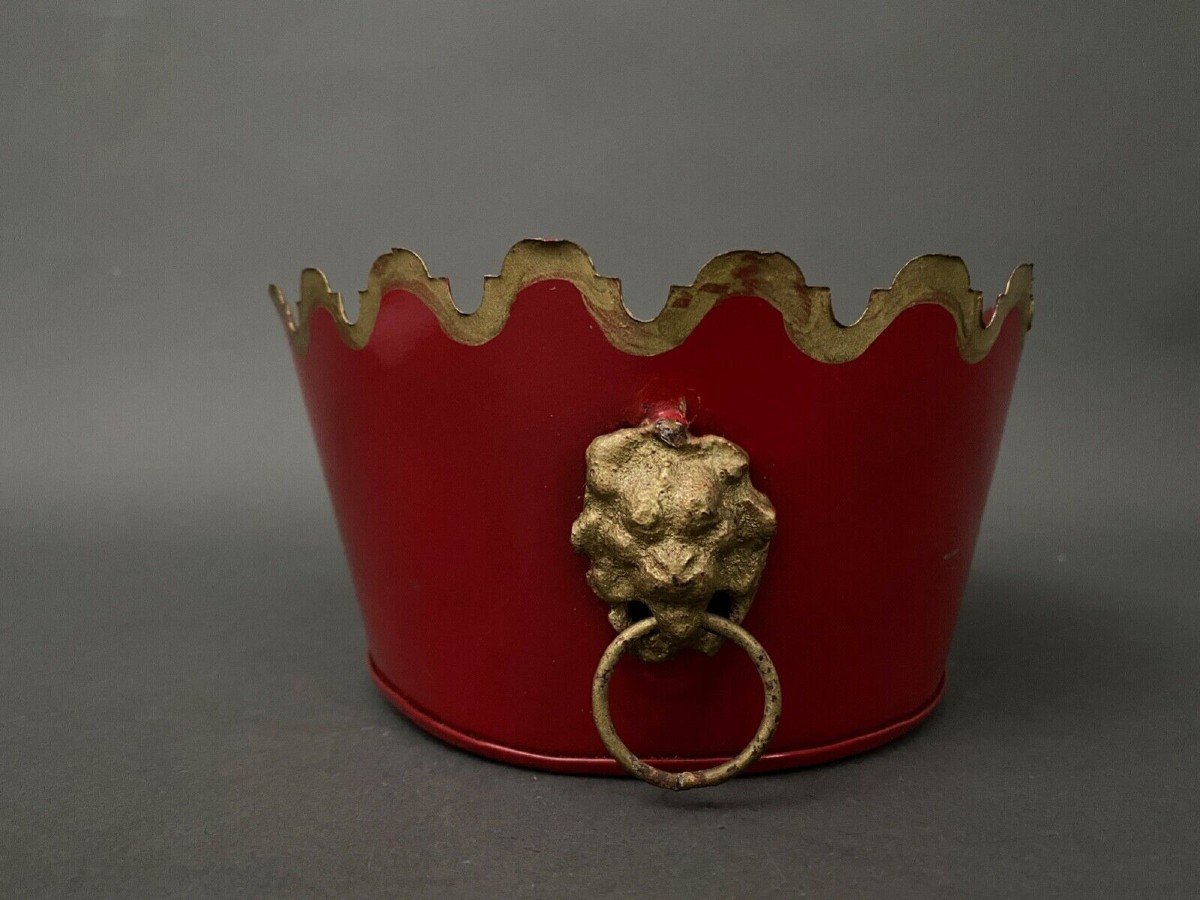 19th Century Sheet Metal Cooler With Red Background With Gilding And Lion Heads-photo-3