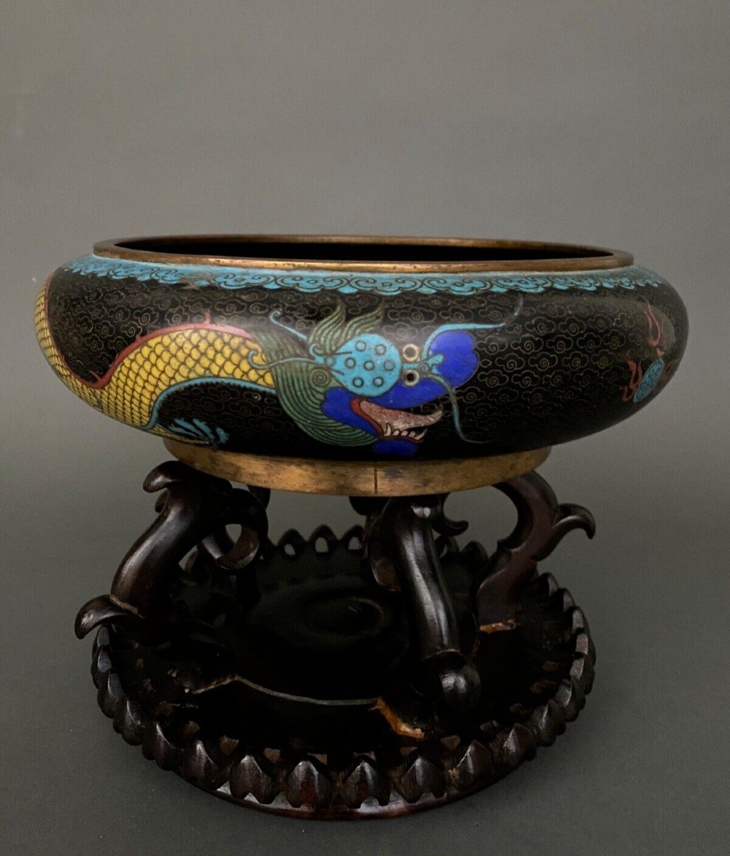Cloisonné Cup China 19th Century Dragon Decoration On Wooden Support-photo-2