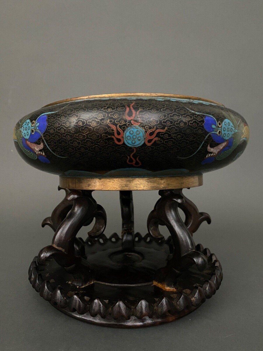 Cloisonné Cup China 19th Century Dragon Decoration On Wooden Support-photo-4