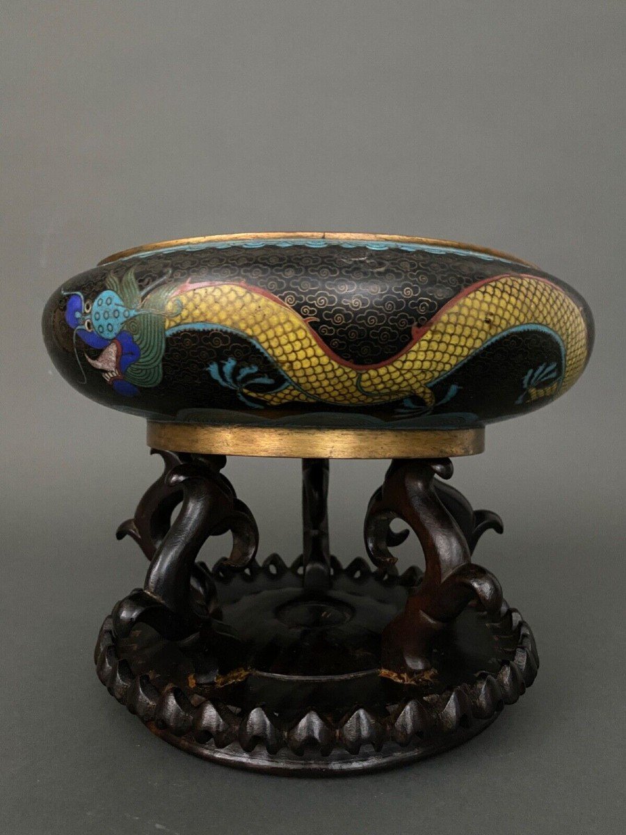 Cloisonné Cup China 19th Century Dragon Decoration On Wooden Support-photo-1