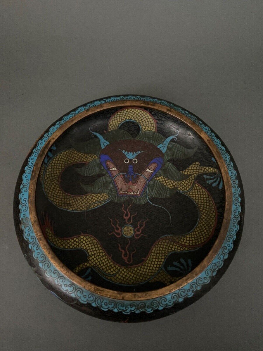 Cloisonné Cup China 19th Century Dragon Decoration On Wooden Support-photo-2