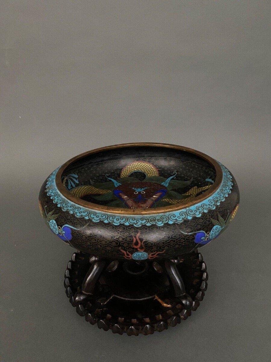 Cloisonné Cup China 19th Century Dragon Decoration On Wooden Support