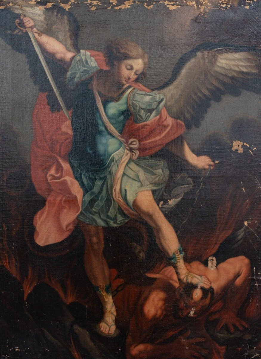 Huile sur toile reprise de Guido Reni Archange saint Michel XVIIIe-photo-2