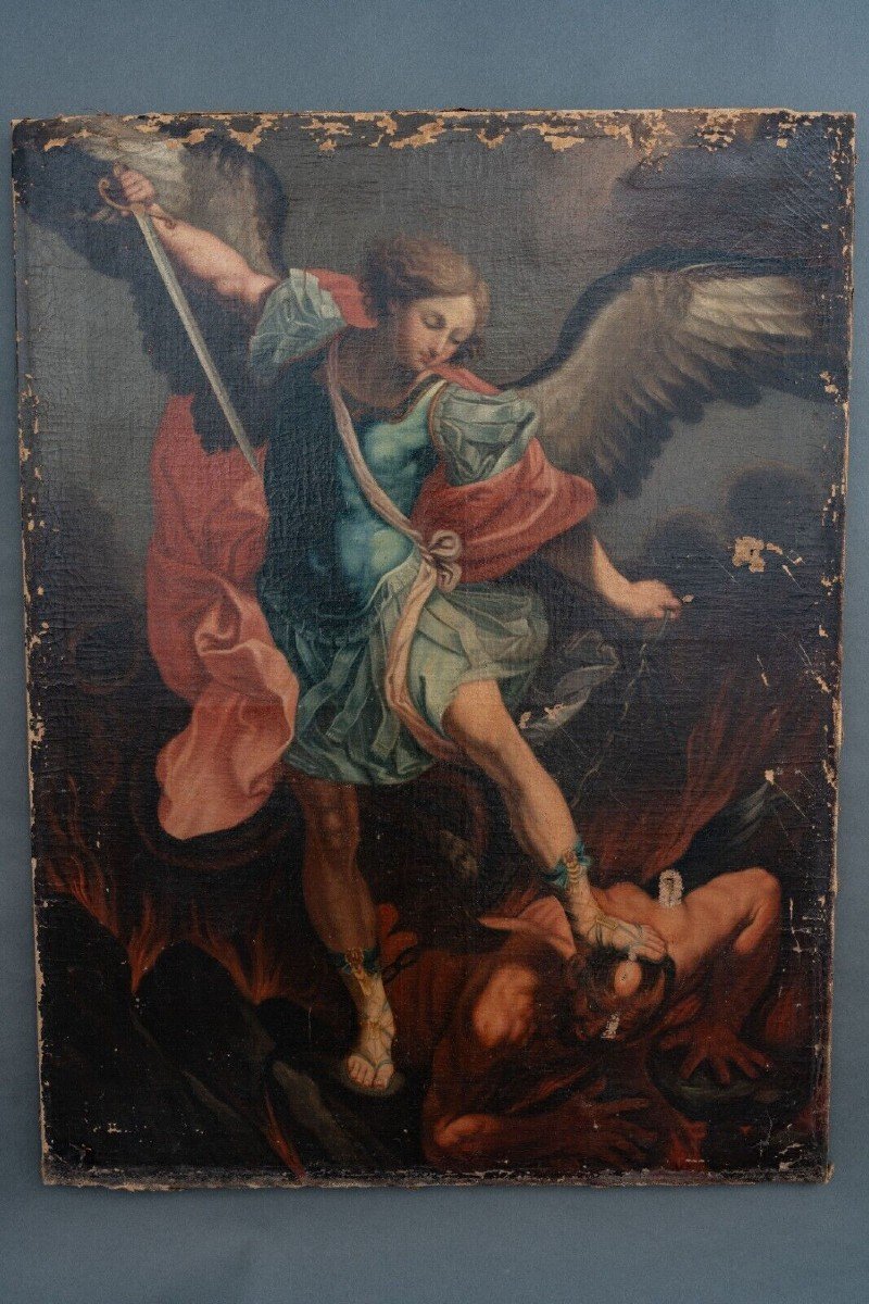 Huile sur toile reprise de Guido Reni Archange saint Michel XVIIIe