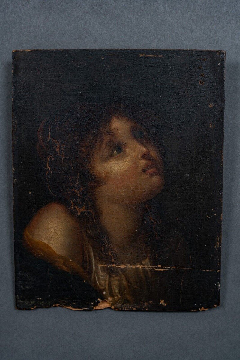 Portrait jeune enfant en béatitude XVIIIe sur panneau de bois