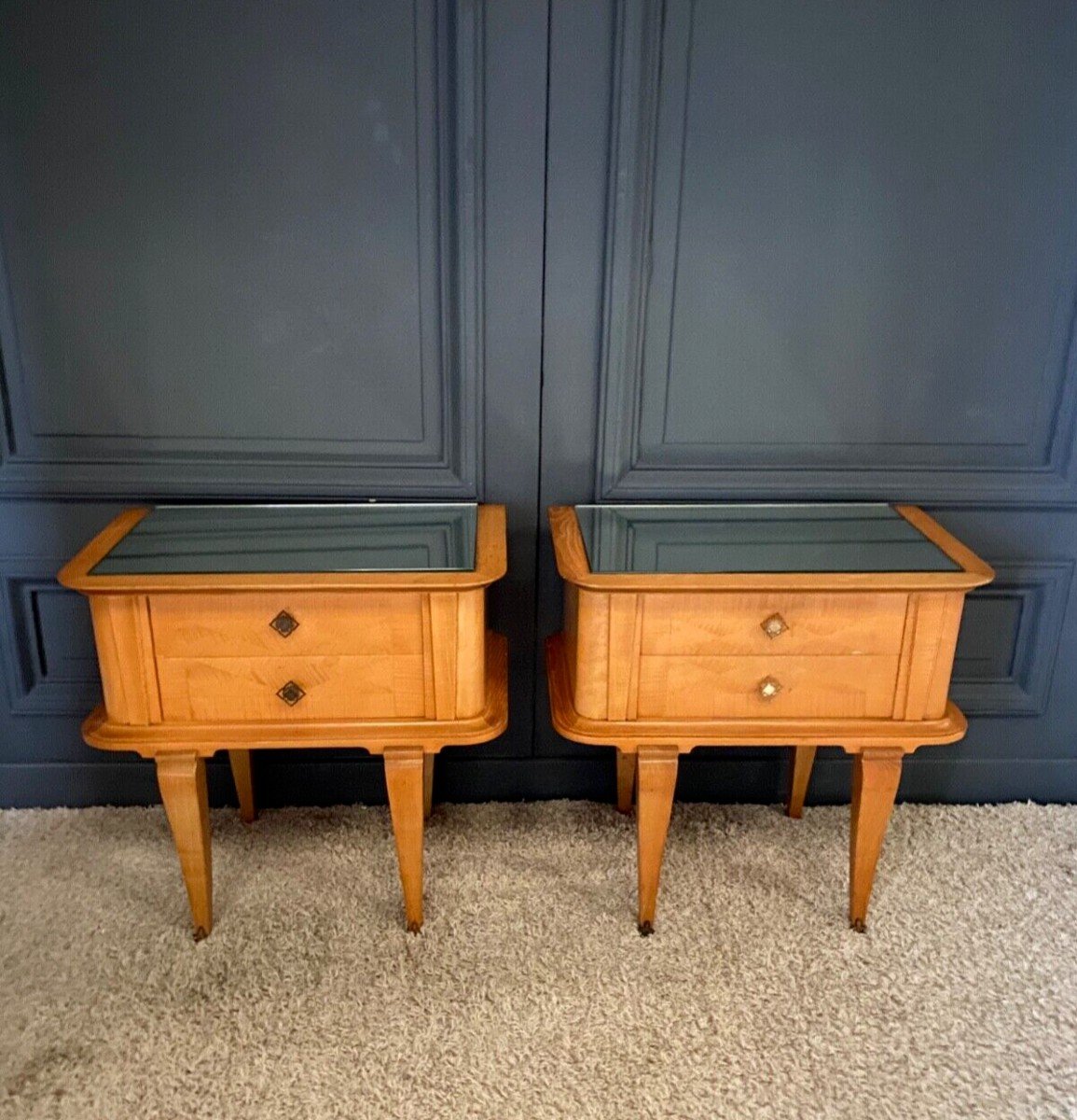 Pair Of 1960 Bedside Tables In Lemon Wood 2 Drawers In Bronze Mirrors