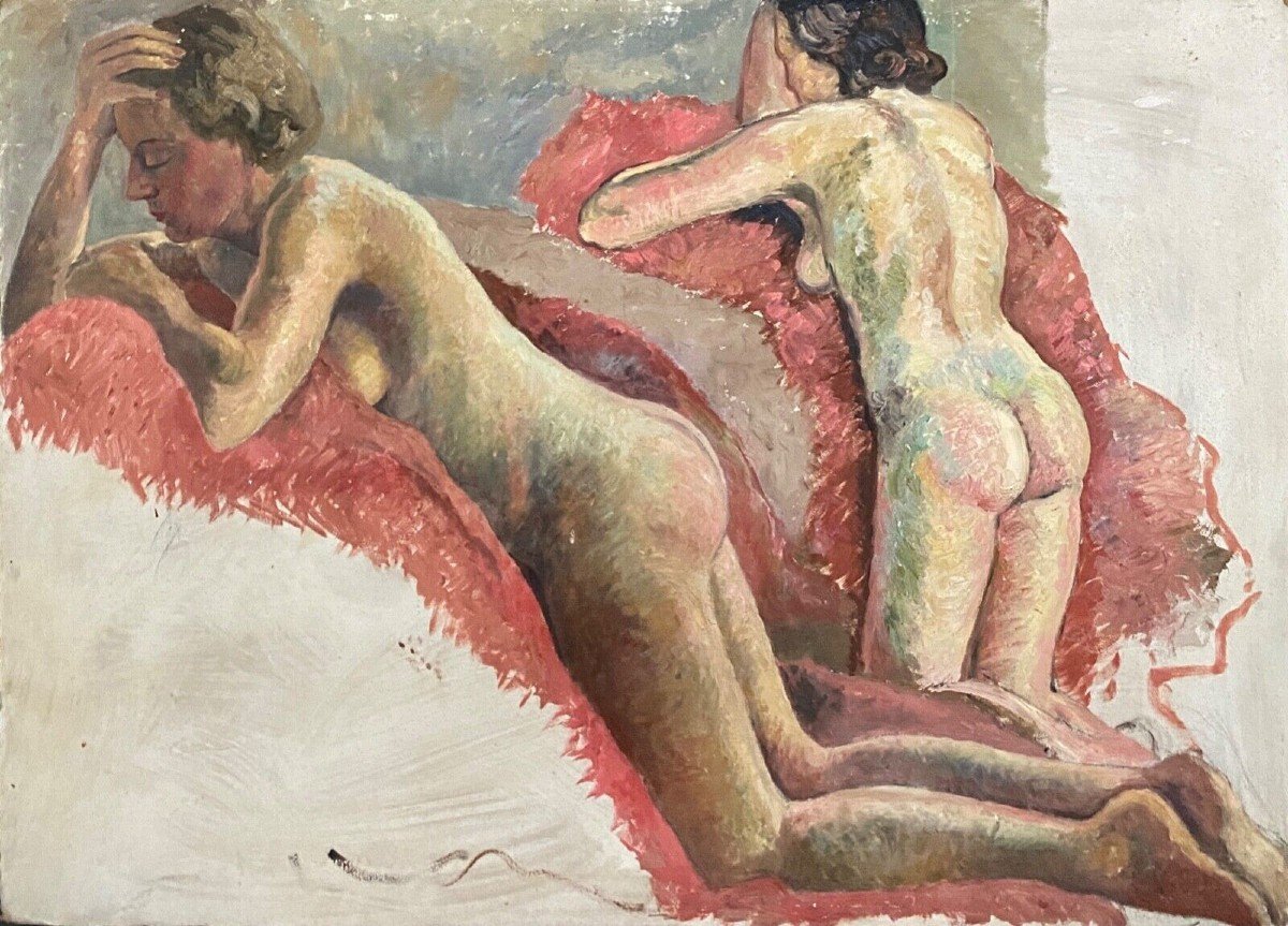 Portrait Of Reclining Nude Women Workshop Of Guillot Rafaillac 20th Century Oil-photo-2