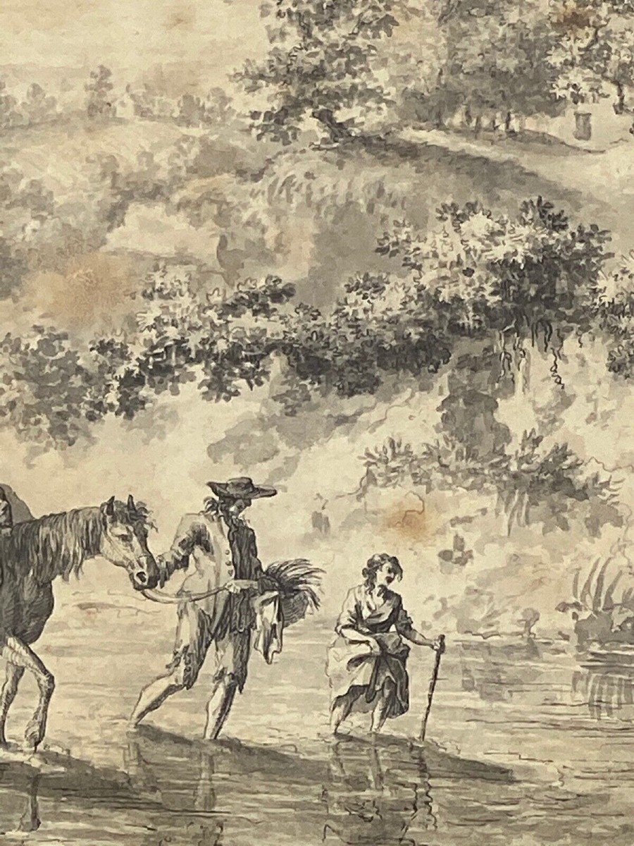 Drawing On Paper By Brandt Family Child On Horseback 18th Century-photo-1