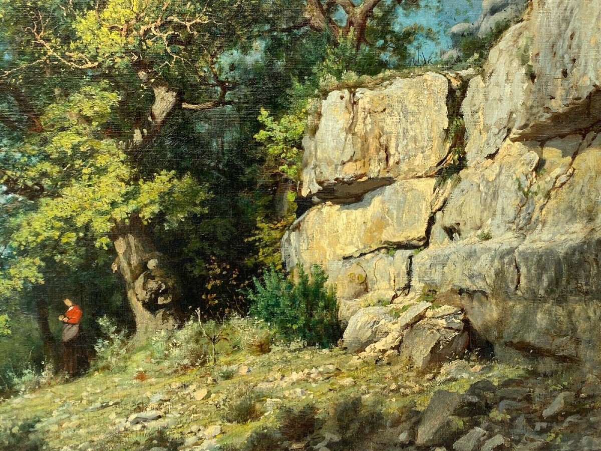 Oil On Canvas By Louis Delorme Forest And Rocks Late 19th Century-photo-1