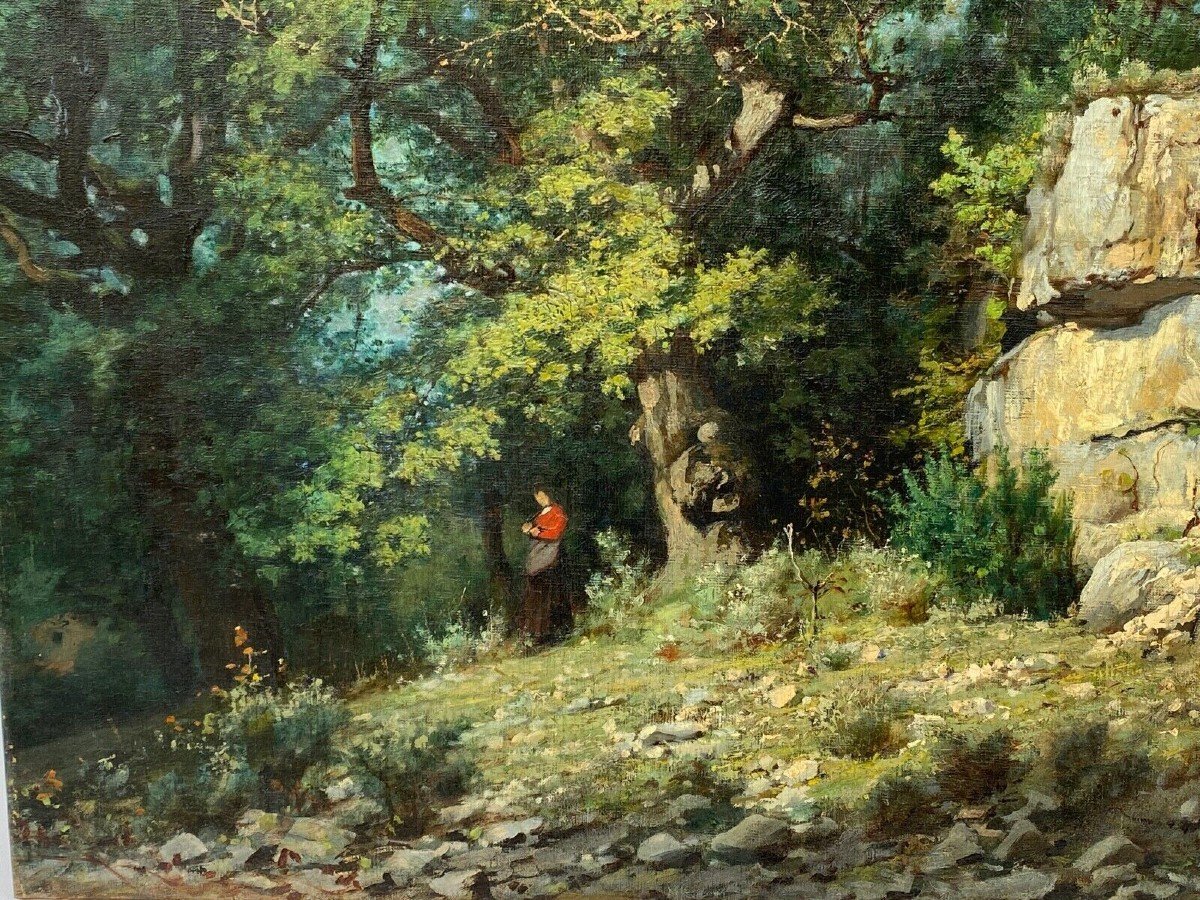 Huile sur toile par Louis Delorme forêt et rochers fin XIXe-photo-2