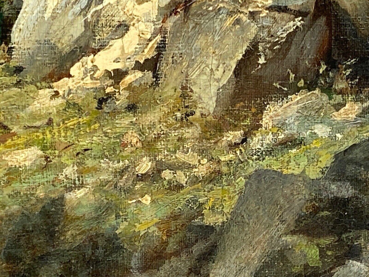 Huile sur toile par Louis Delorme forêt et rochers fin XIXe-photo-3