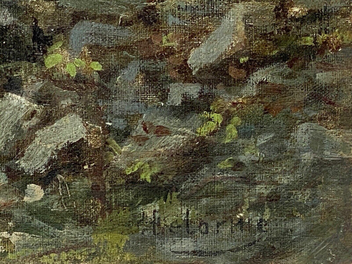 Huile sur toile par Louis Delorme forêt et rochers fin XIXe-photo-4