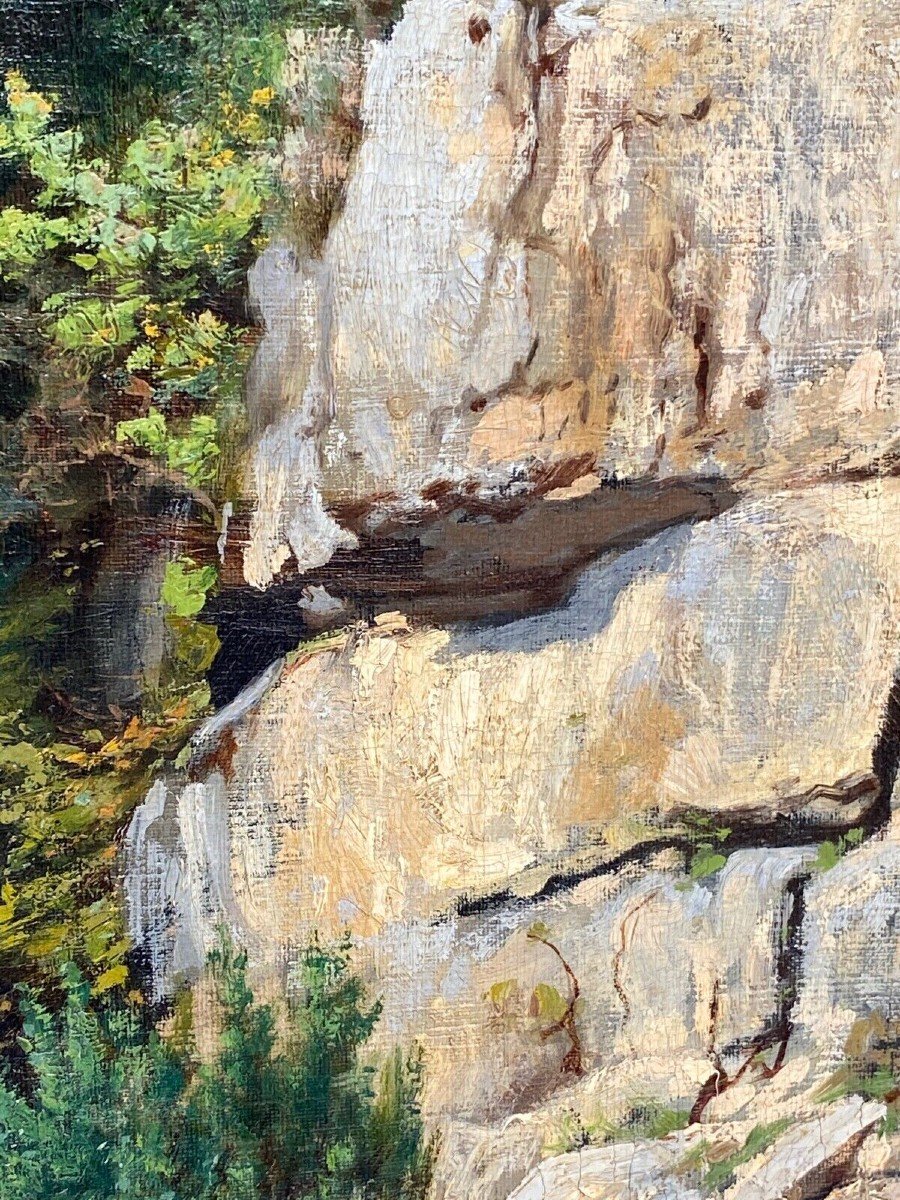 Huile sur toile par Louis Delorme forêt et rochers fin XIXe-photo-7