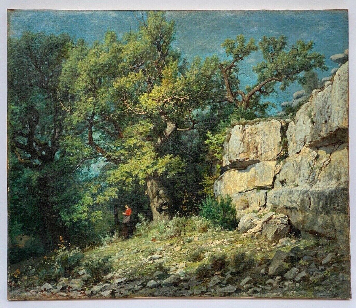 Huile sur toile par Louis Delorme forêt et rochers fin XIXe