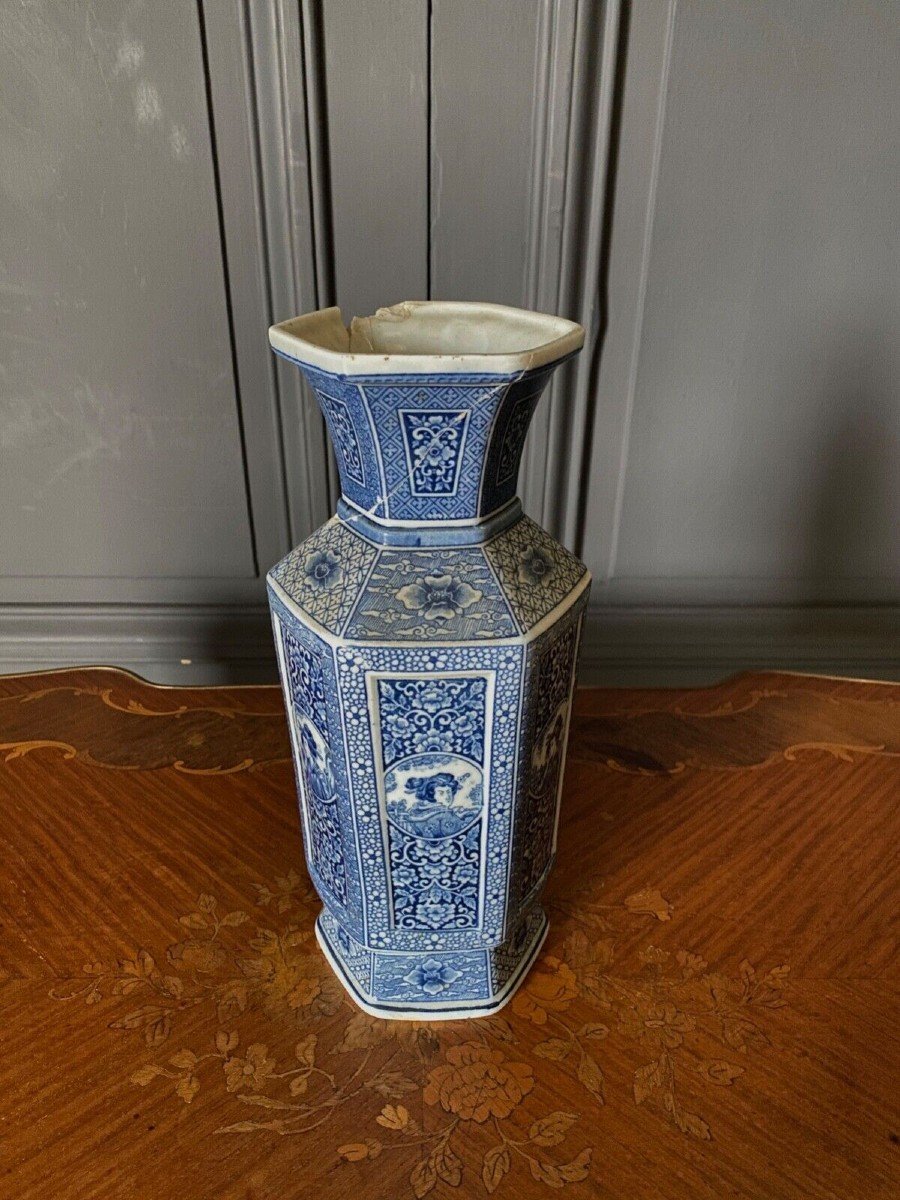 Pair Of Japanese Hexagonal Blue Background Vases With Cut Sides Dec 739-photo-2