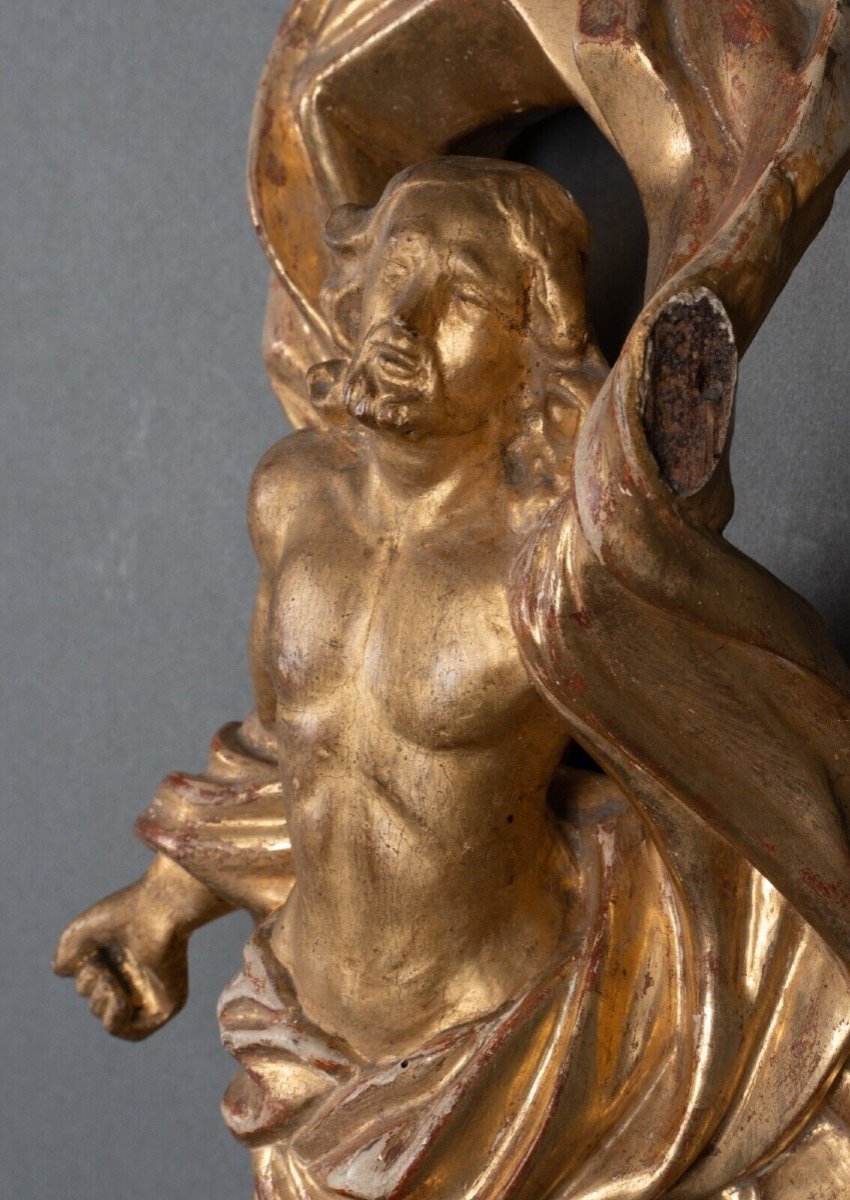 Resurrected Christ In Gilded Polychrome Carved Wood With 17th Century Leaf-photo-4