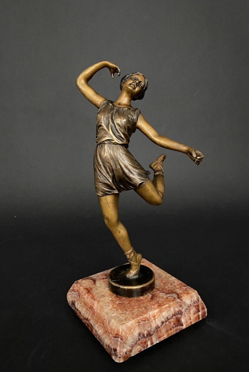 Art Deco Dancer In Double Patina Bronze 1930 On Onyx Base-photo-2