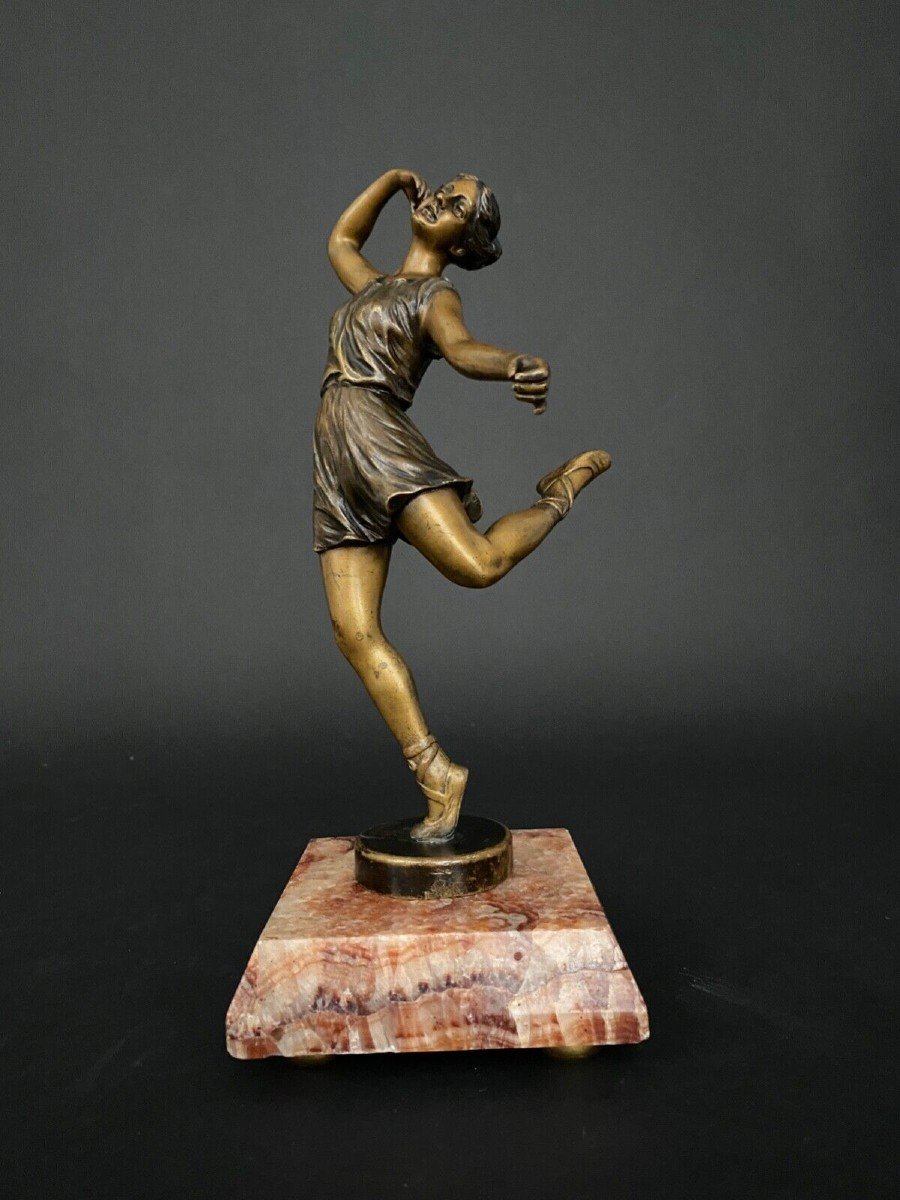 Art Deco Dancer In Double Patina Bronze 1930 On Onyx Base-photo-3
