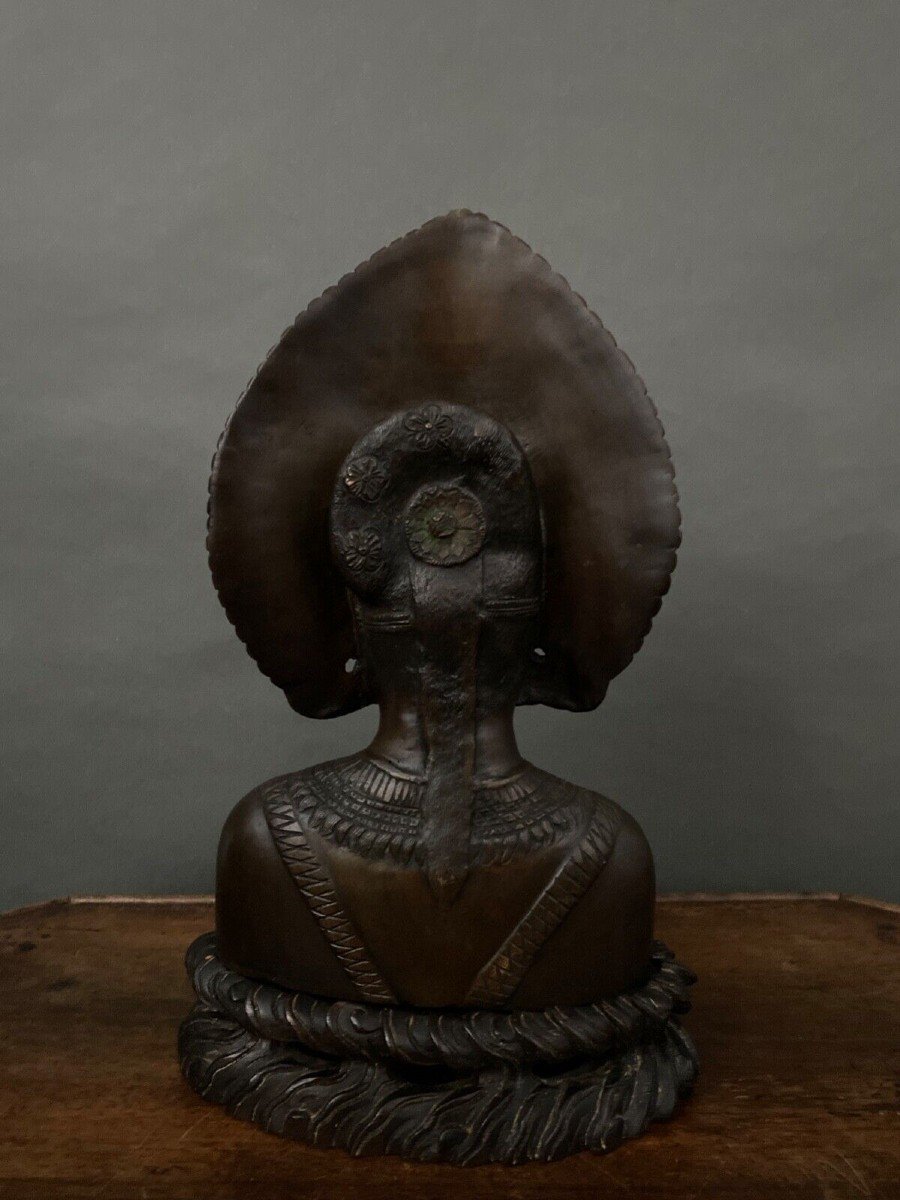 Bust Of Indochinese Balinese Dancer Crowned Bronze Peacock Wheel-photo-3