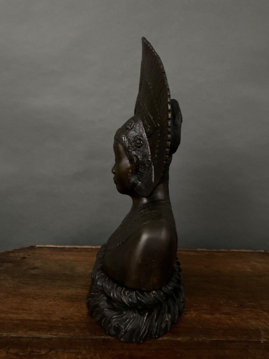 Bust Of Indochinese Balinese Dancer Crowned Bronze Peacock Wheel-photo-4