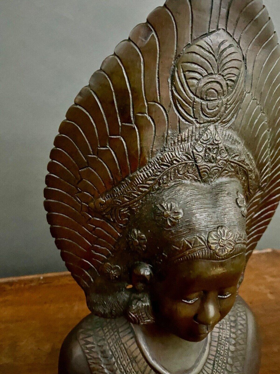 Bust Of Indochinese Balinese Dancer Crowned Bronze Peacock Wheel-photo-6