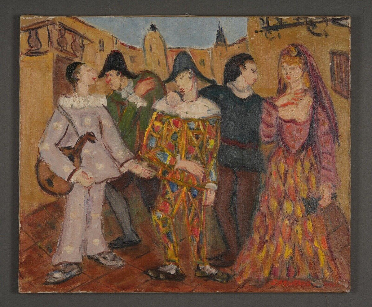 Huile sur toile par J. Pegeaud-Deva personnages costumés milieu XXe