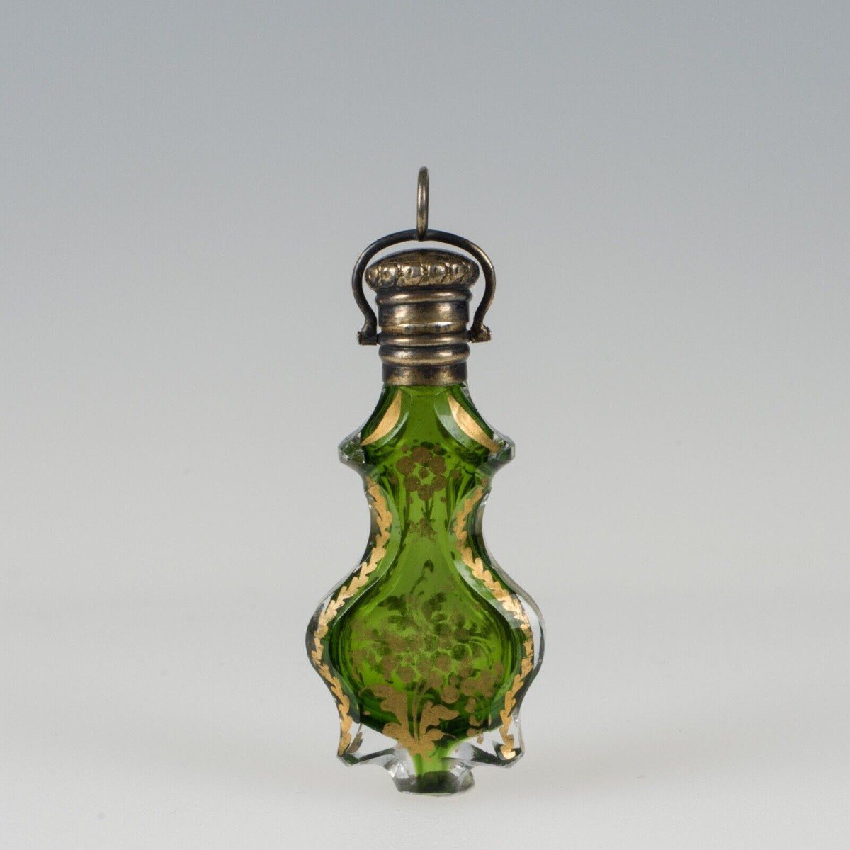 Glass Salt Bottle Enhanced With Gold, 18th Century Silver Cap 