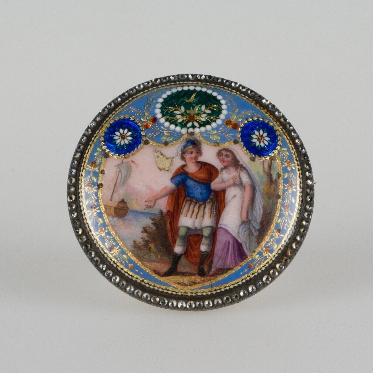 Late 18th Century Cold Enamel Brooch With Romantic Beading Decor