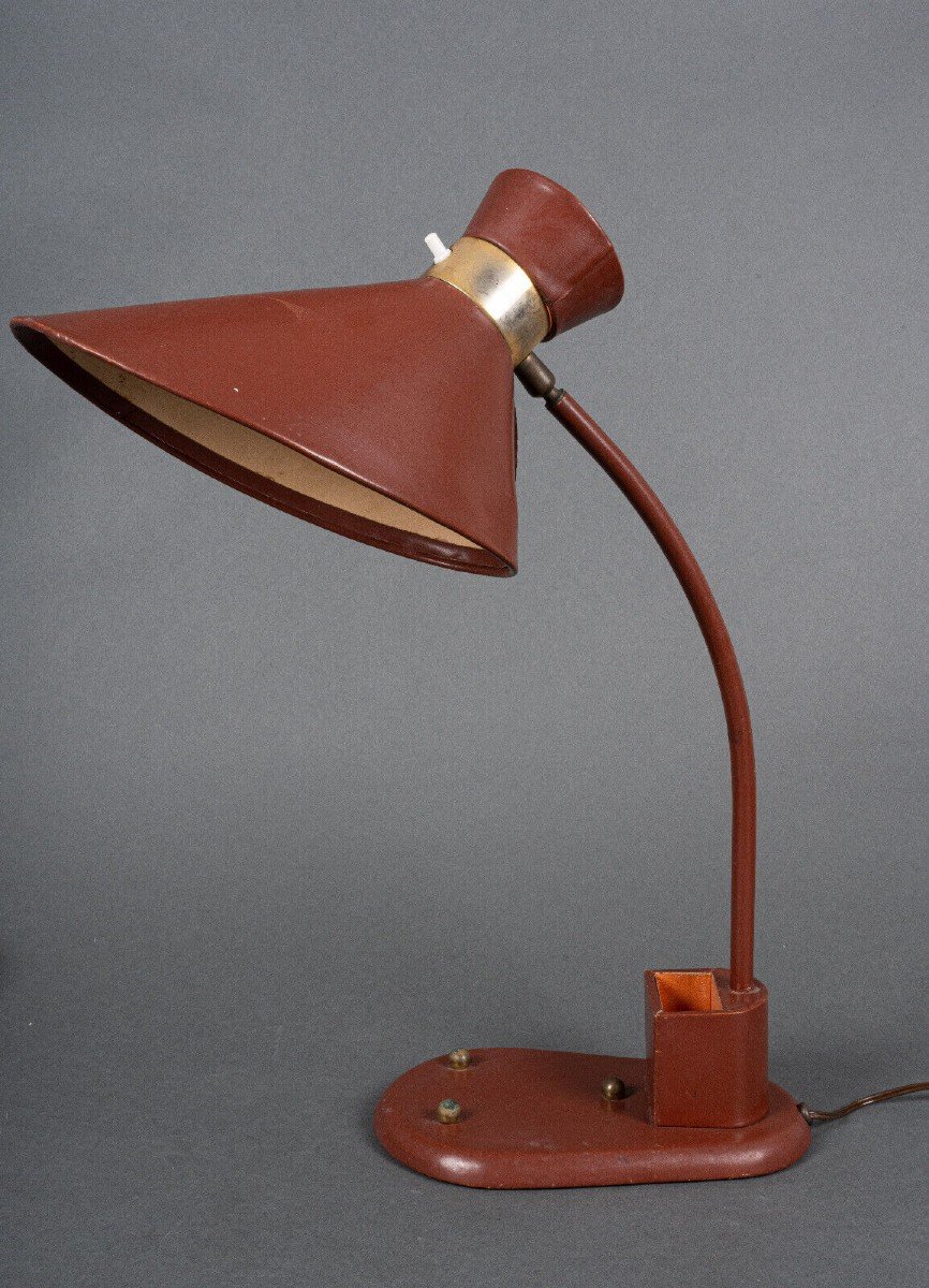 Lampe de bureau abat-jour Diabolo flexible en cuir rouge 1960 -photo-4