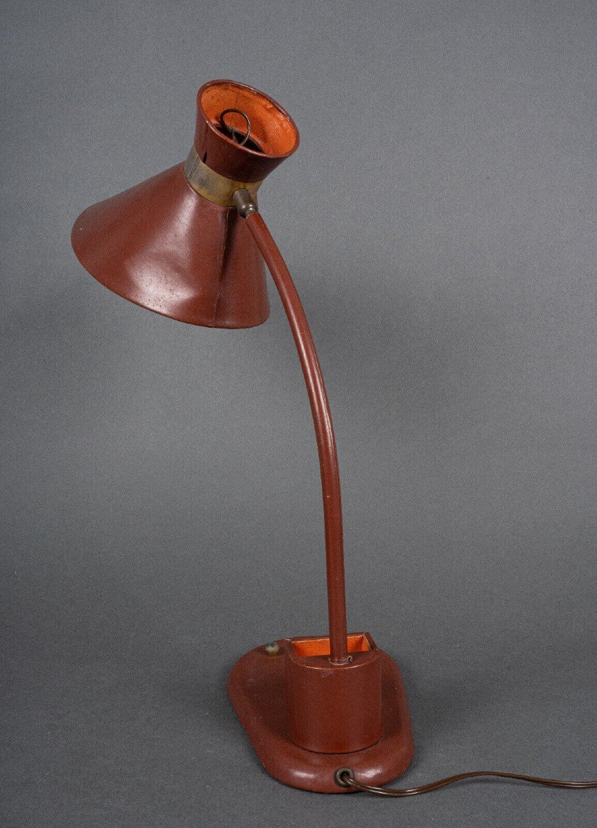 Lampe de bureau abat-jour Diabolo flexible en cuir rouge 1960 -photo-1