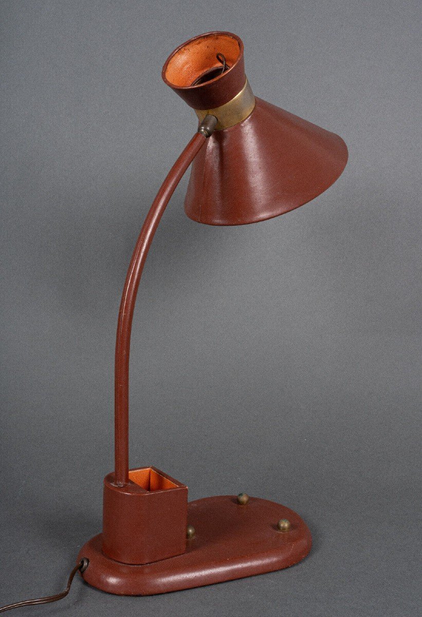 Lampe de bureau abat-jour Diabolo flexible en cuir rouge 1960 -photo-2