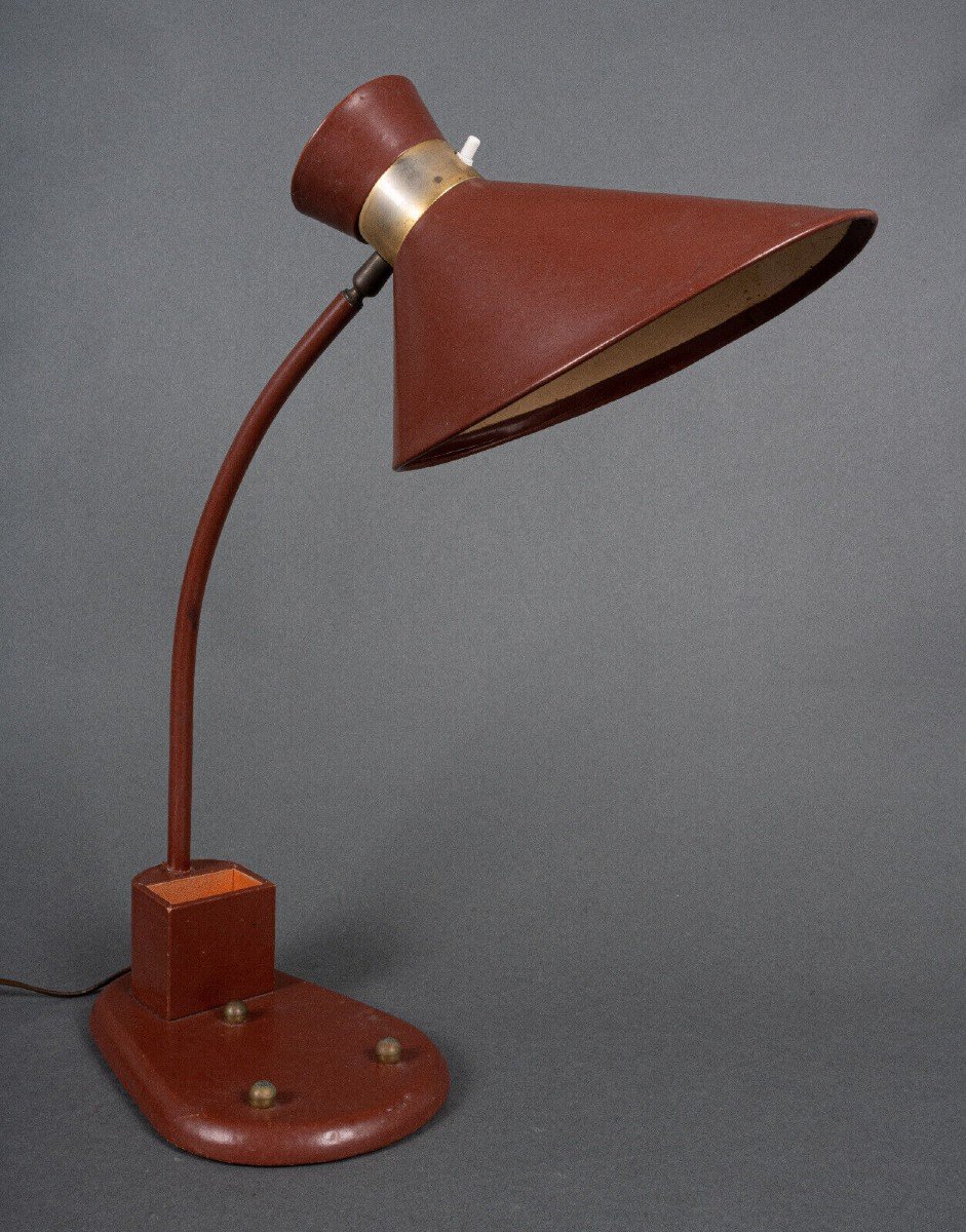 Lampe de bureau abat-jour Diabolo flexible en cuir rouge 1960 