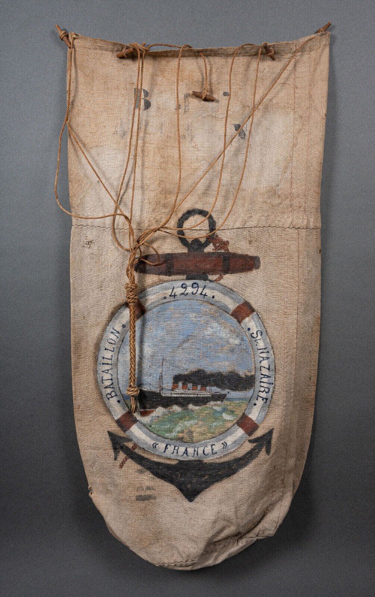 Hand-painted Sailor Bag Representing France Saint-nazaire 20th Century-photo-3