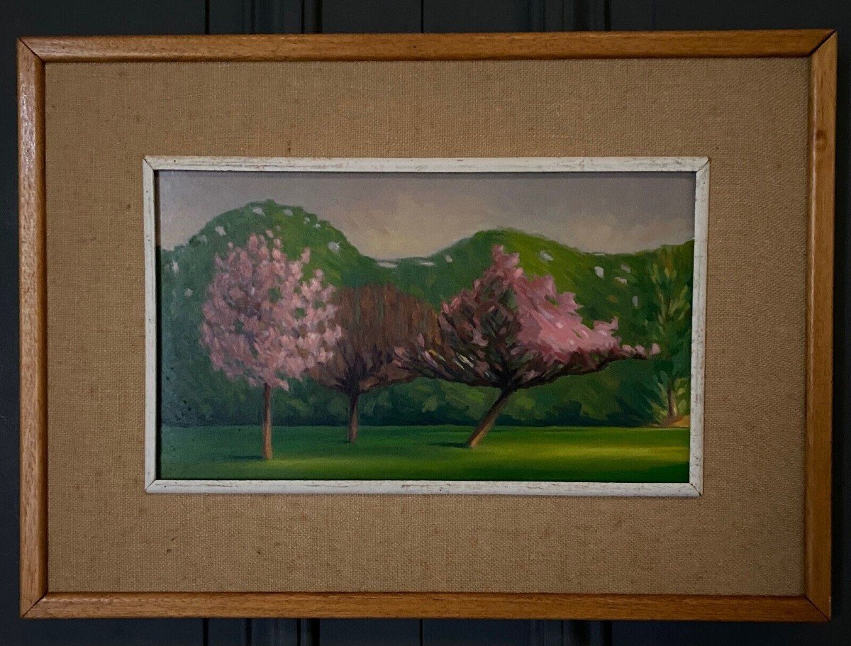 Huile sur carton 1920 représentant des arbres en fleurs dans le vent
