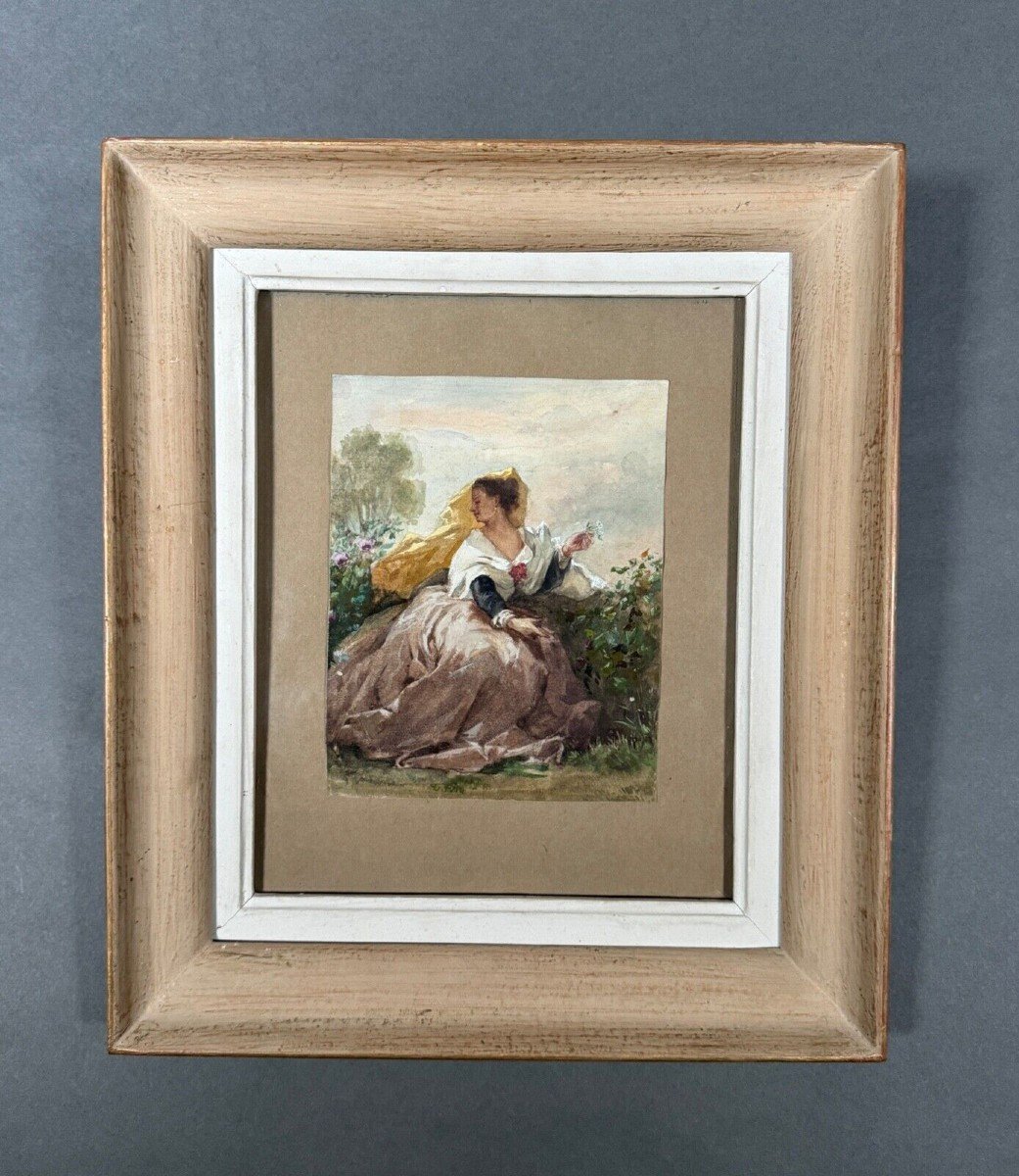 Aquarelle sur papier XIXe signée représentant une femme en costume