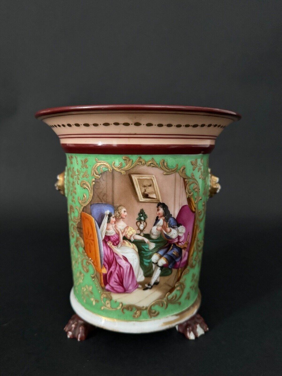 Cache-pot époque Louis-Philippe décor romantique XIXe fond vert-photo-2