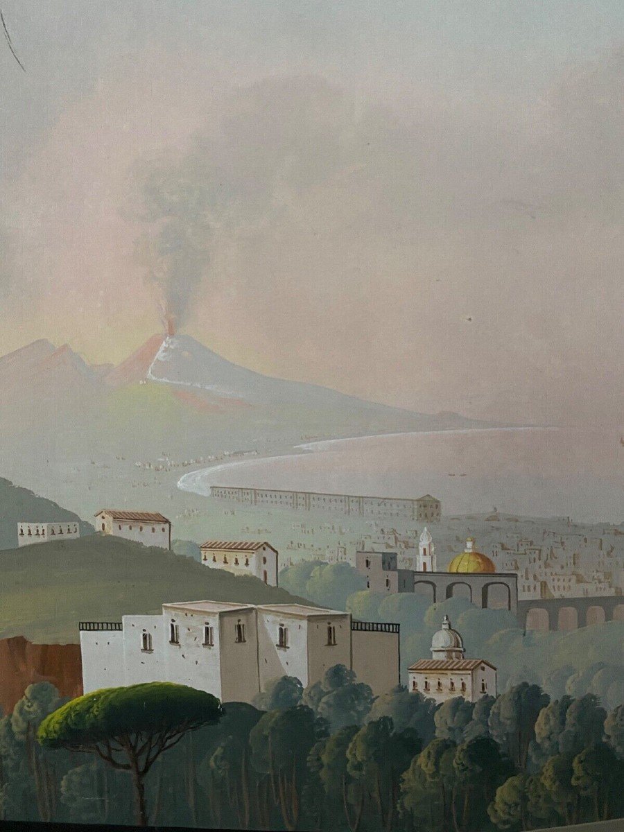 Gouache napolitaine début XIXe Villa Galla Naples éruption du Vésuve-photo-2