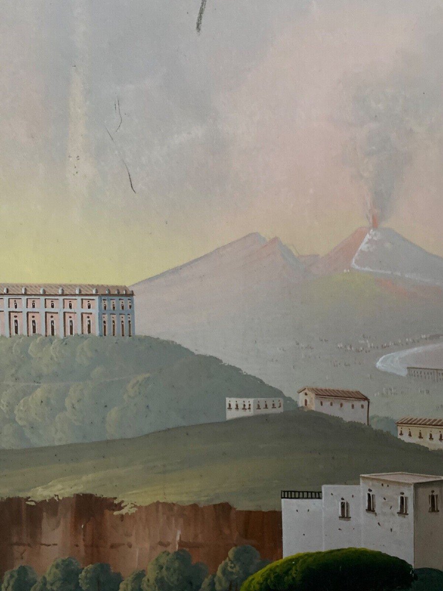 Gouache napolitaine début XIXe Villa Galla Naples éruption du Vésuve-photo-7