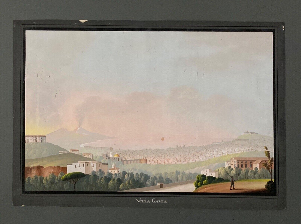 Gouache napolitaine début XIXe Villa Galla Naples éruption du Vésuve